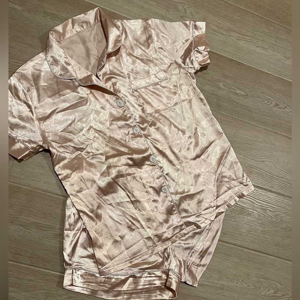 Baby Pink Faux Silk Pajama Set | M